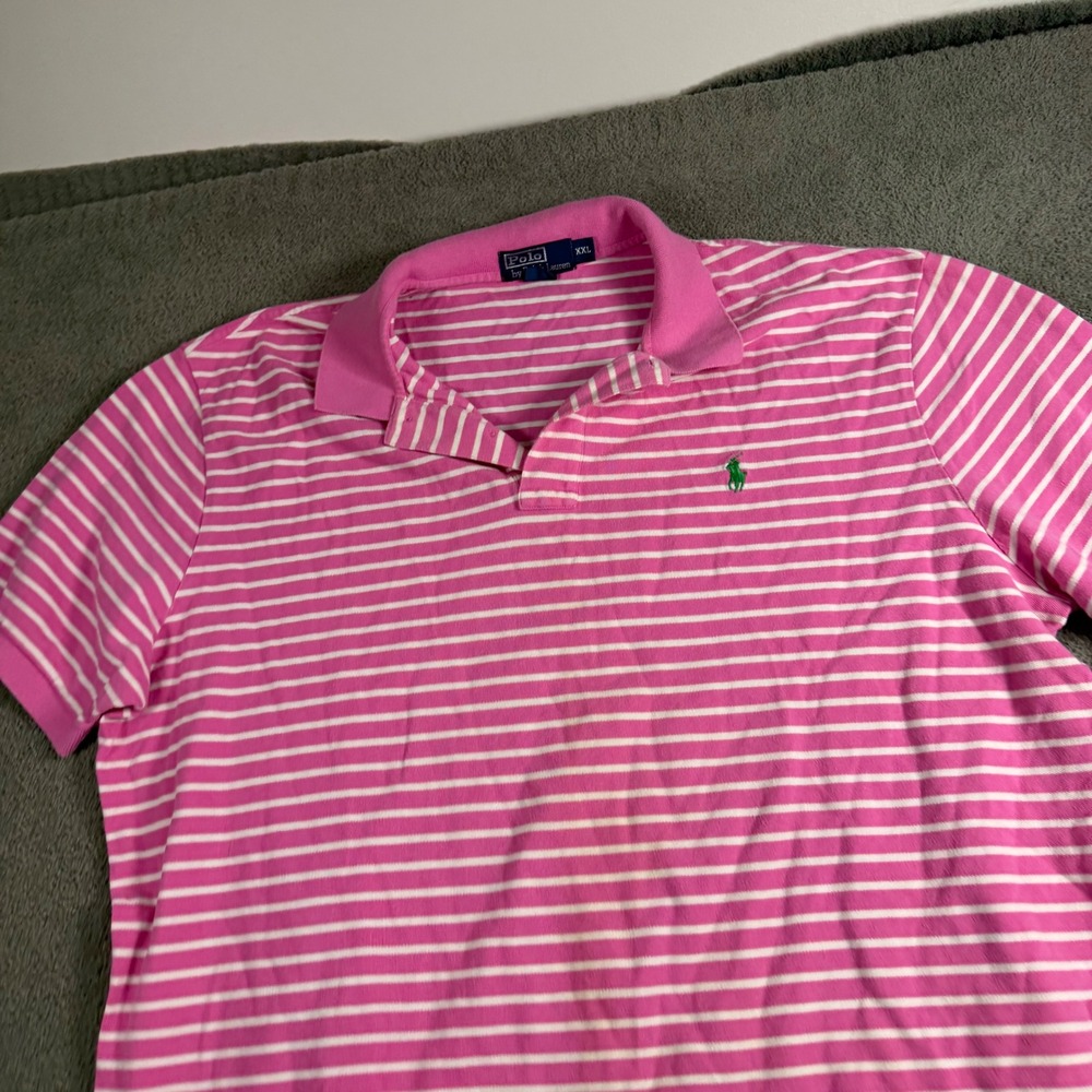 Polo Ralph Lauren Mens XXL Pink White Striped Short Sleeve Pony Logo Polo Shirt